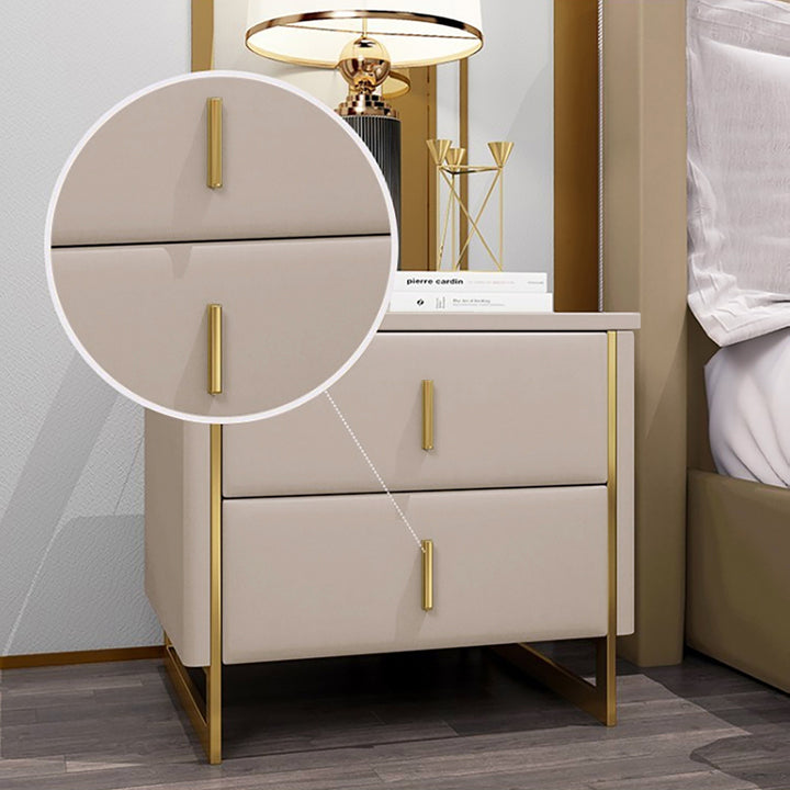 Modern Beige Nightstand 2-Drawer Faux Leather Bedside Table in Gold Set of 2