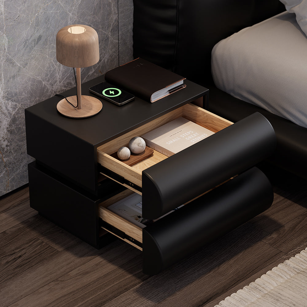 Modern Black Leather Smart Nightstand with Wireless Charger 2 Drawers Bedside Table with USB & Type-C Ports