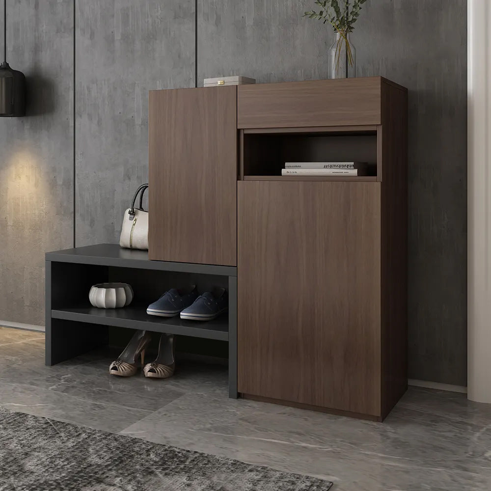 Fero Walnut Corner Shoe Storage Cabinet with 7 Shelves & 1 Drawer Entryway Shoe Storage