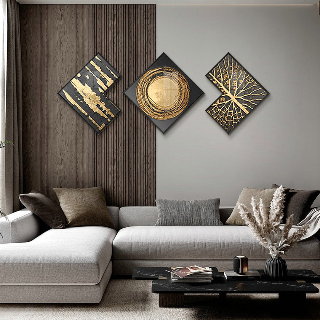 Modern Gold & Black Abstract Wall Art Set of 3 Luxury Textured Wall Decor