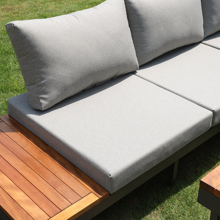 4 Pieces Aluminum Wood Outdoor Sectional Sofa Set for 5 Person with Dining Table Natural