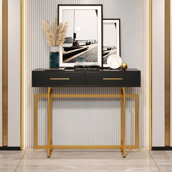 1000mm Modern Narrow Black Console Table with Storage Drawers and Metal Legs in Gold