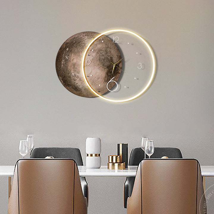 Round Modern Cool Brown Moon Large Wall Clock LED Light Wall Clock Wall Decoration