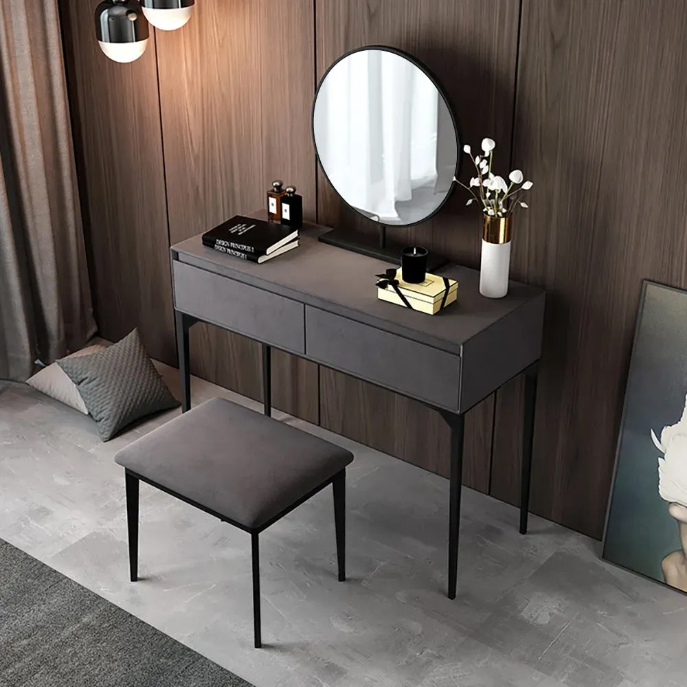 Modern Grey Makeup Vanity Set with Velvet Surface Dressing & Mirror & Stool in Small