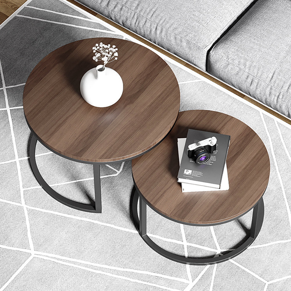 Fero 2 Pieces Modern Walnut & Black Round Nesting Coffee Table for Living Room