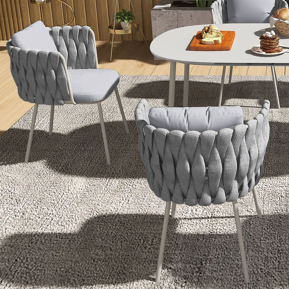 Set of 2 Modern Gray Aluminum Rattan Outdoor Dining Chairs with Ergonomic Armrests – Durable & Weather-Resistant for Patios, Gardens, or Balconies