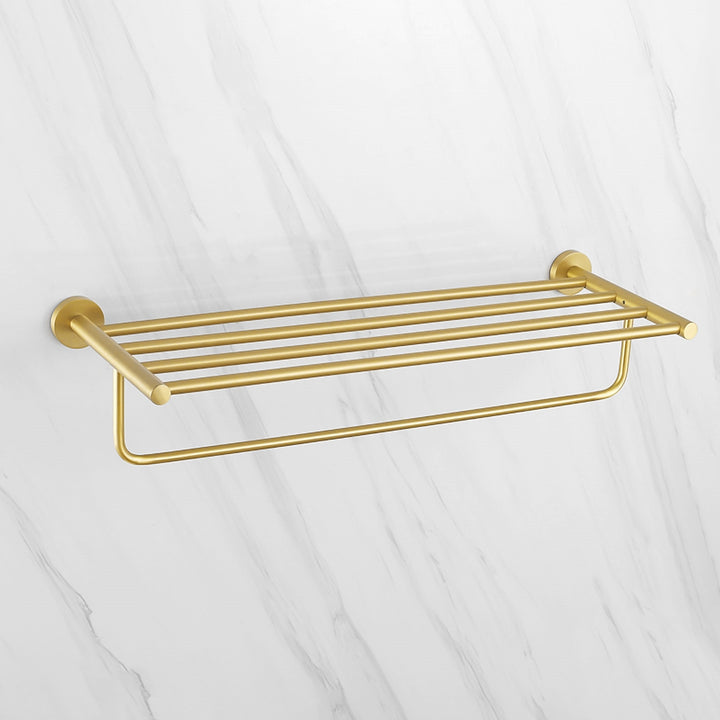 610mm Wall Mounted Brass Bathroom Shelf with Towel Rack in Brushed Gold