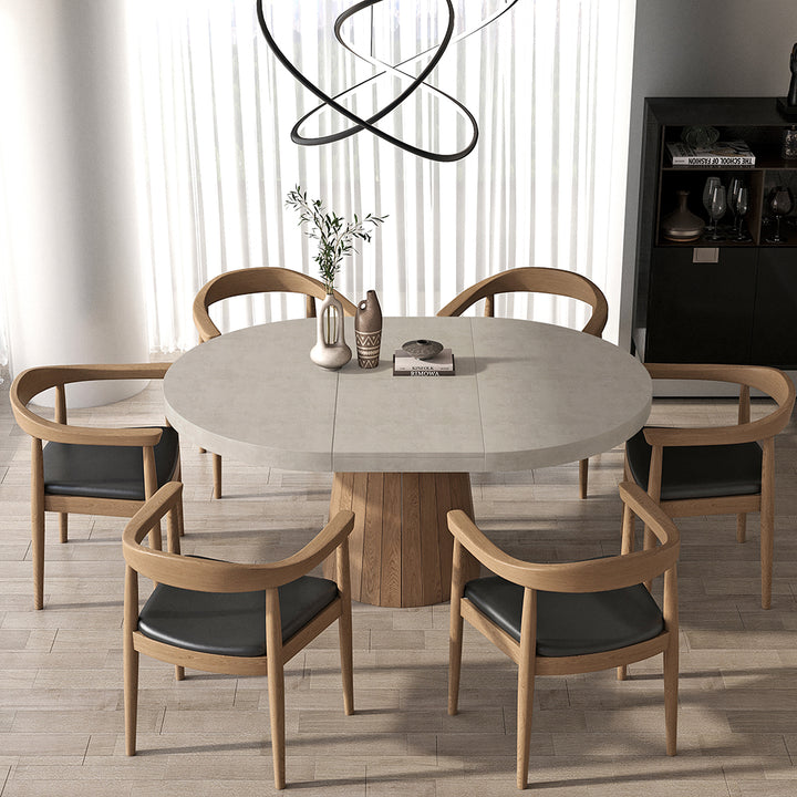 Extendable Dining Table Set 39"-55" Japandi Gray Dining Table & 6 Walnut Wood Dining Chairs