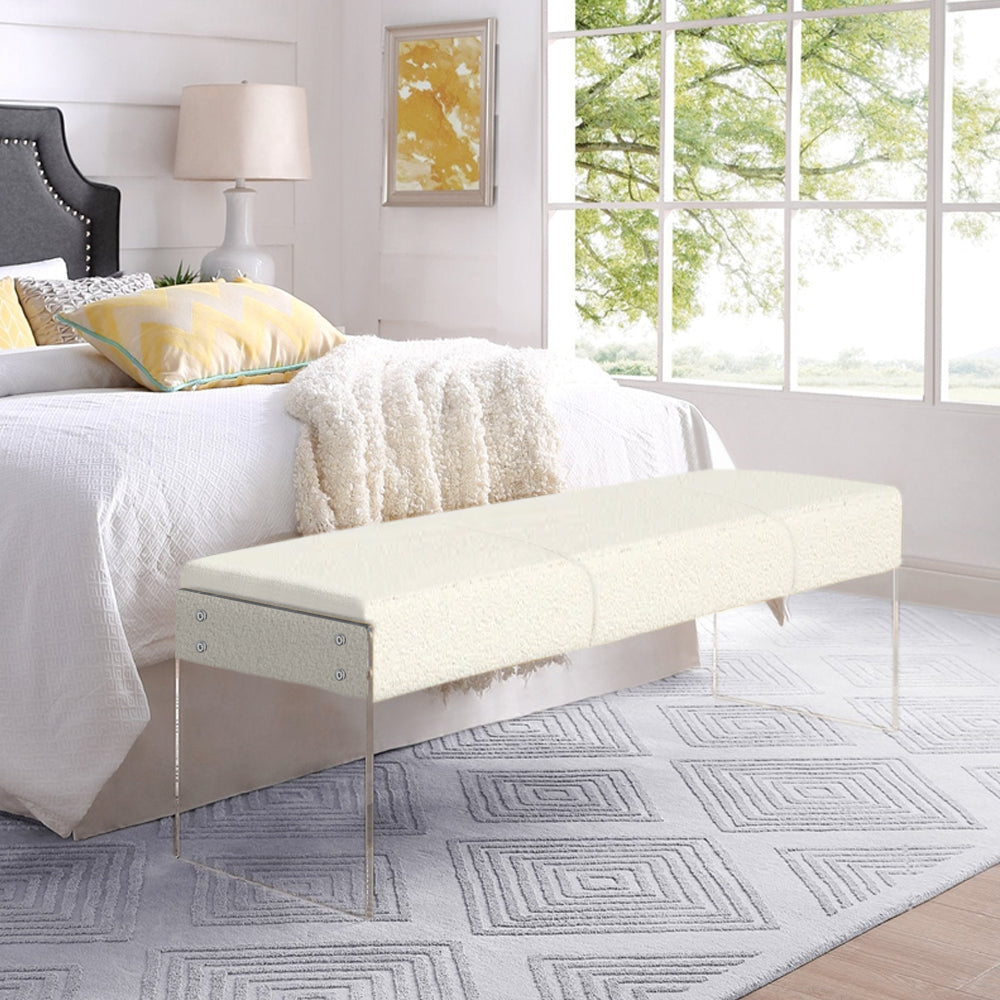 Modern Bedroom Boucle Tufted Long Bench with Acrylic Base for Entryway