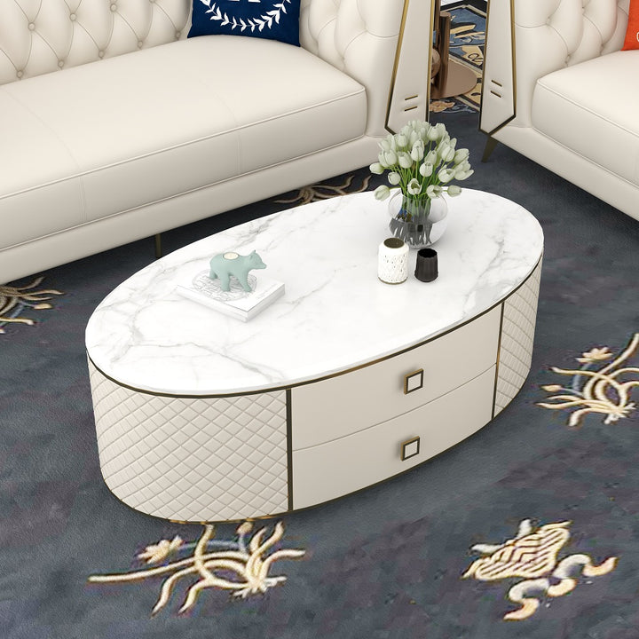 Modern White Oval Sintered Stone Top Coffee Table Microfiber Leather with 2 Drawers