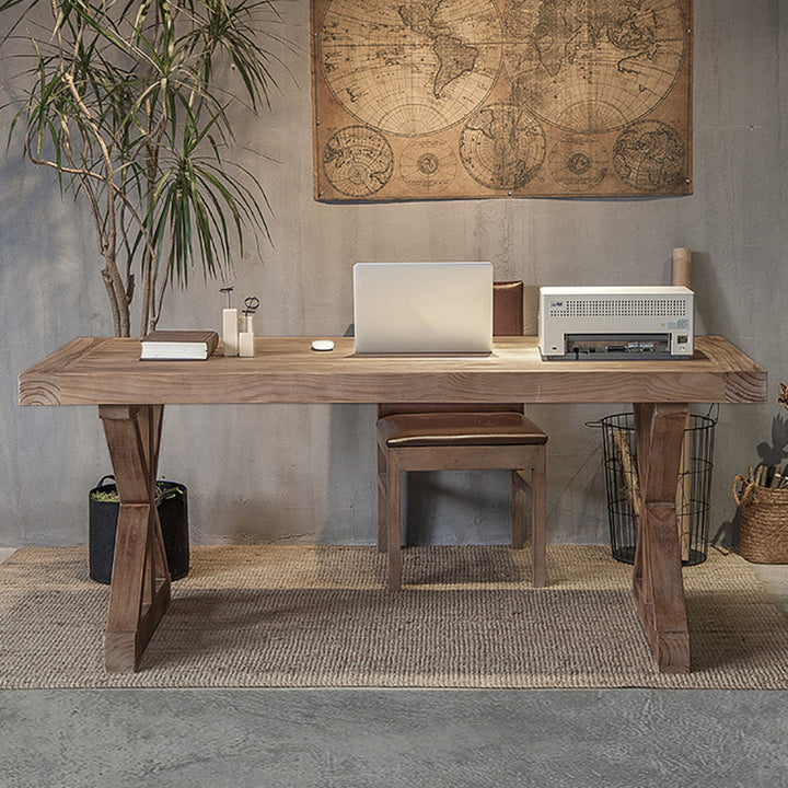 Vintage Style Pine wood Office Writing Desk with Trestle Leg in Natural Farmhouse Home Office Furniture Rectangular (1200mm)