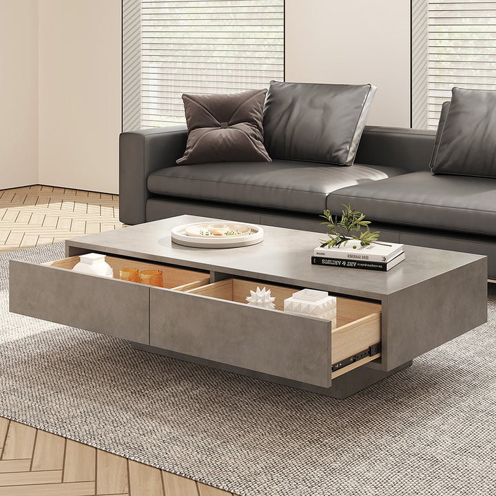 Japandi Rectangle Concrete Grey Coffee Table with 2 Drawers & Open Storage