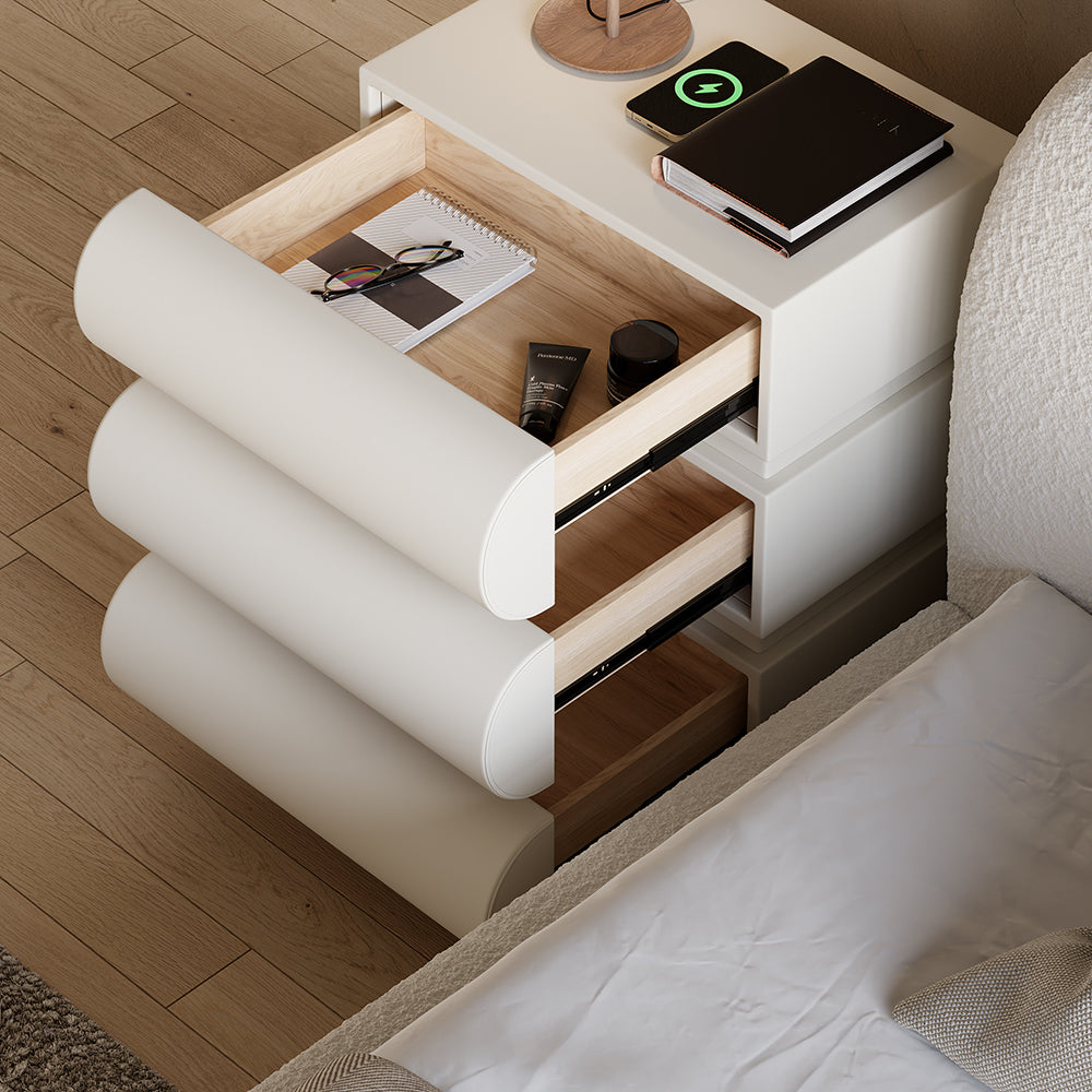 Modern White Leather Smart Nightstand with Wireless Charger 3 Drawers Bedside Table with USB & Type-C Ports