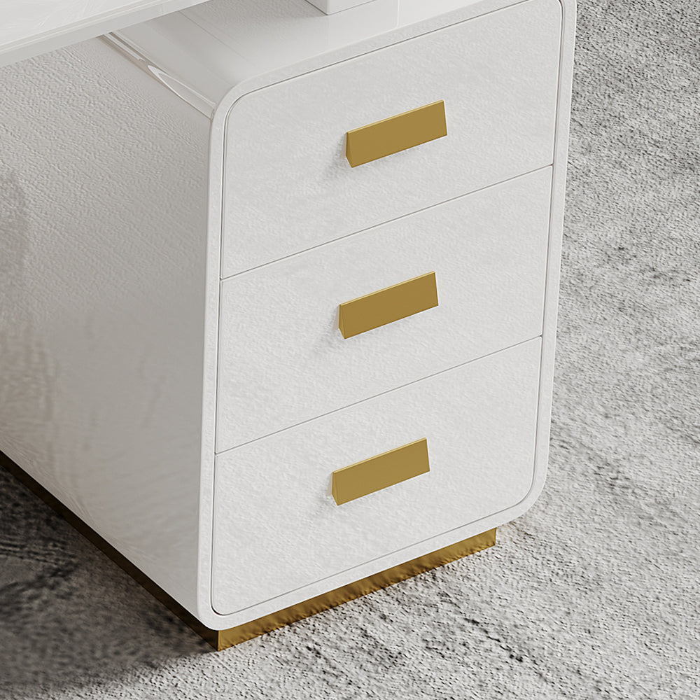 1600mm Modern White Office Desk with Drawers & Side Cabinet in Gold Base