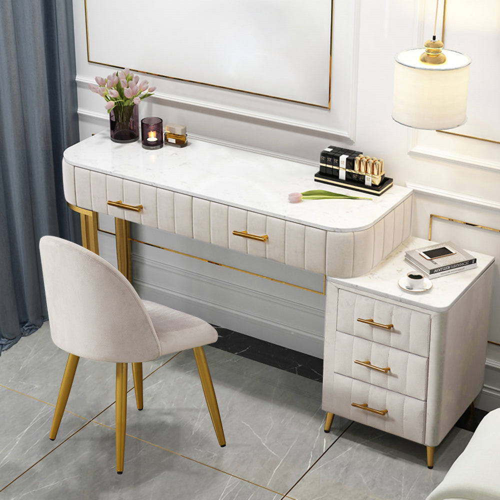 Modern White Velvet Upholstered Makeup Vanity Expandable Dressing Table with Cabinet & Chair