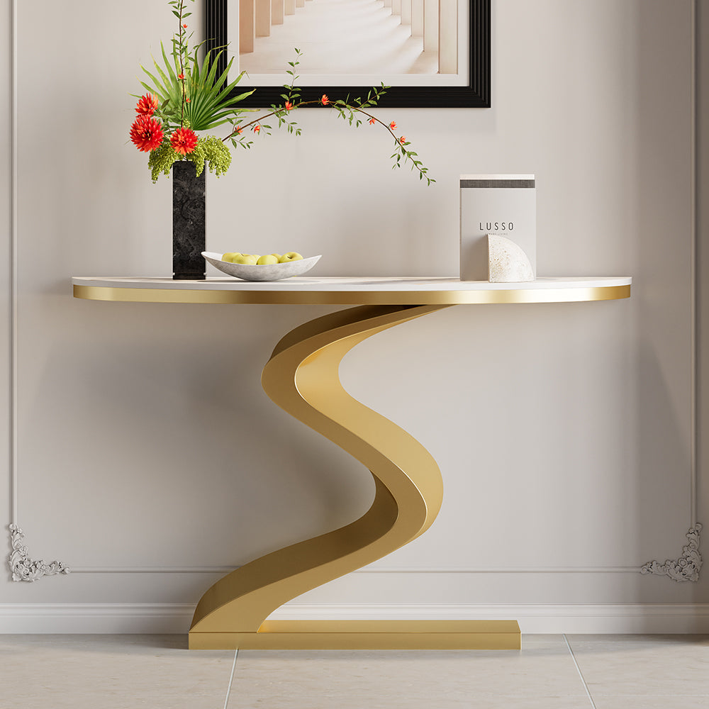 Curved Console Table with Sintered Stone Top Half Moon Shape Entryway Furniture in White & Gold (1000mm Wide)