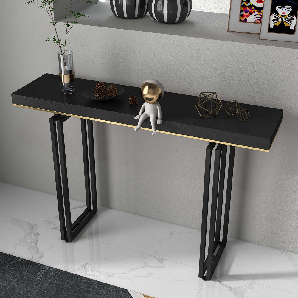 1200mm Entry Accent Table Narrow Console Table Black Solid Wood & Metal in Large