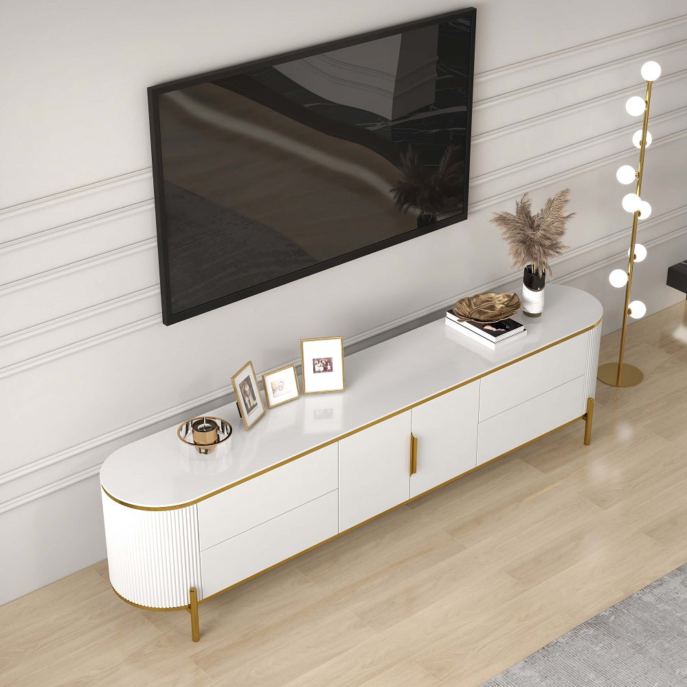 2200mm Modern Elegant Oval TV Console with Drawers & Doors in White