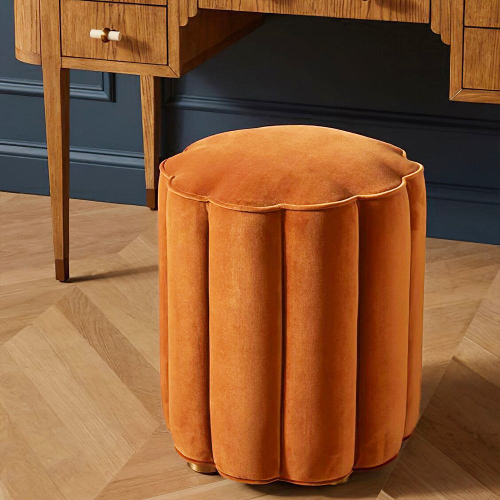 Velvet Upholstered Makeup Vanity Stool Orange Round Ottoman