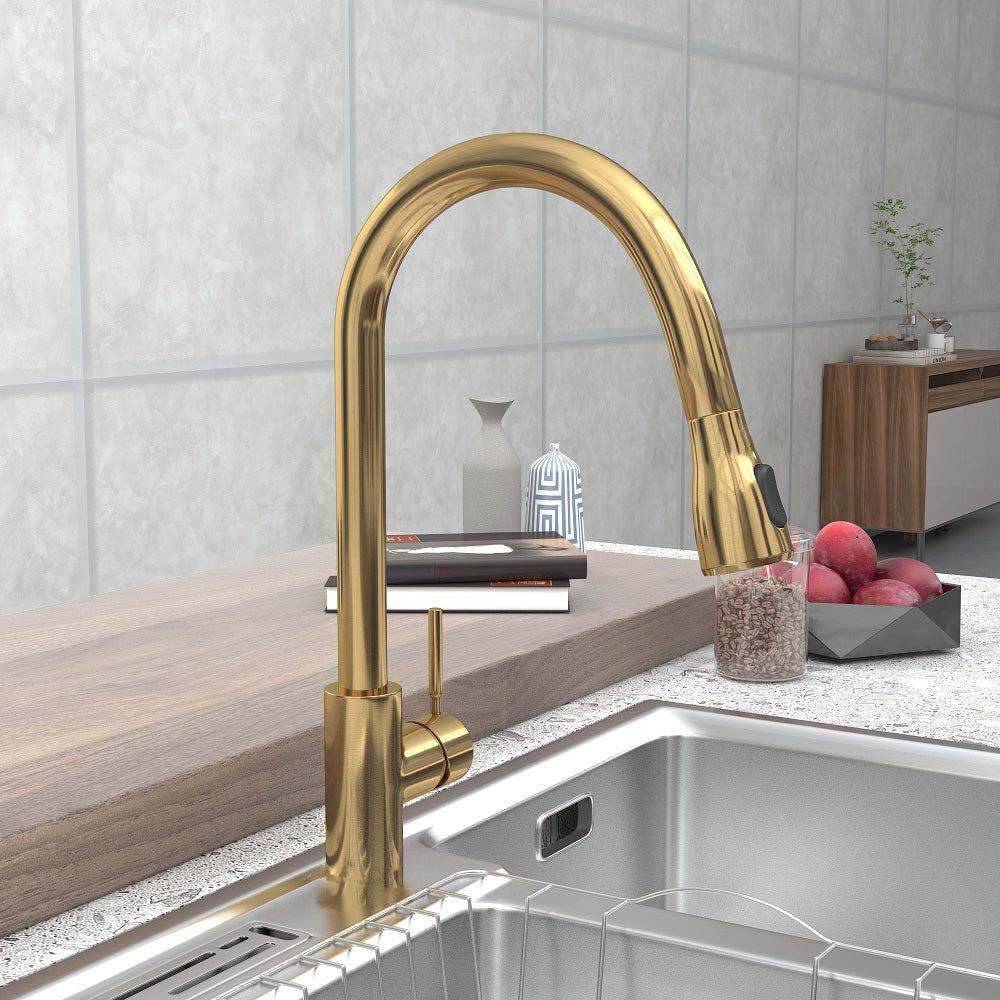 Pull Out Kitchen Tap Brushed Gold with Dual Function Sprayer