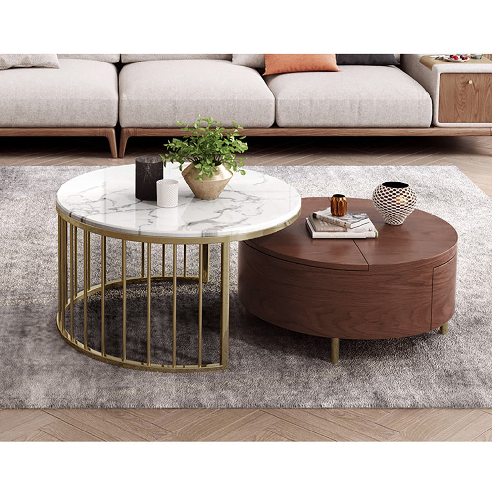 White&Walnut Round Nesting Coffee Table with Storage Rotating Top in Rose Gold Set of 2