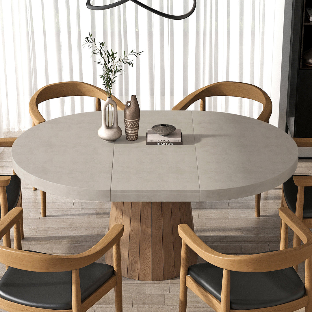 Japandi 39"-55" Extendable Dining Table for 6 Gray Oval & Round Table Pedestal