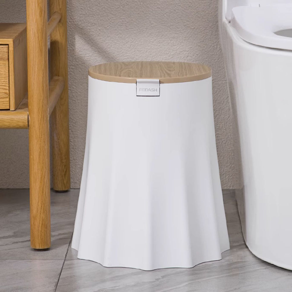 Plastic White Tree Stump Rubbish Bin with Wood Grain Lid for Bathroom