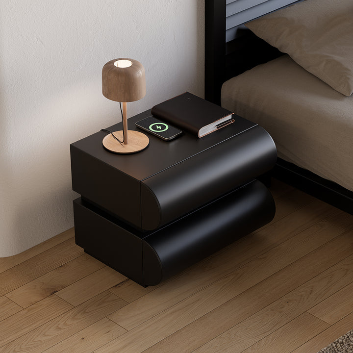 Modern Black Leather Smart Nightstand with Wireless Charger 2 Drawers Bedside Table with USB & Type-C Ports