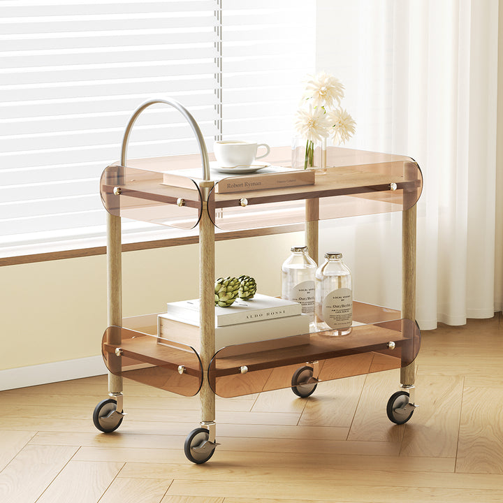 Wooden Natural Rolling 2-Tier Bar Cart on Wheel with Stainless Steel Handle Glass