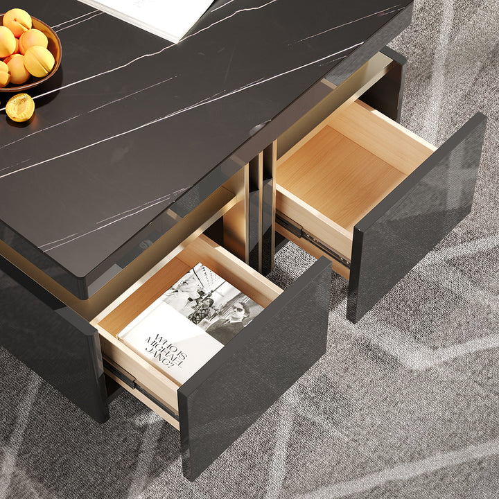 Trimied 700mm Modern Black Square Storage Coffee Table Stone Top & 4 Wood Drawers