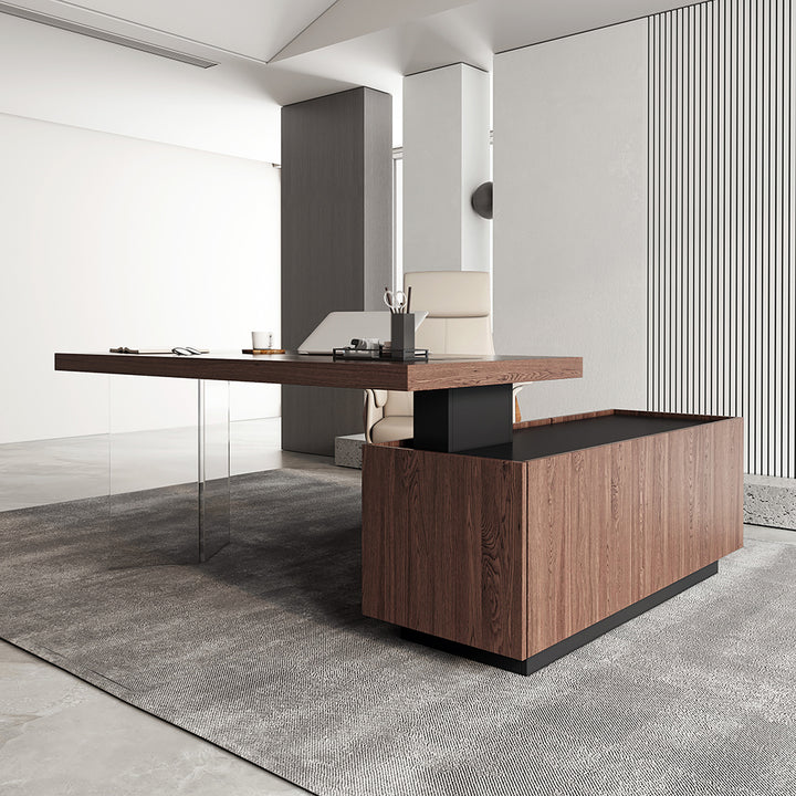 1815mm Modern Walnut L-Shape Executive Desk with Side Cabinet Height Adjustable Desktop Standing Desk with Clear Arcylic Leg