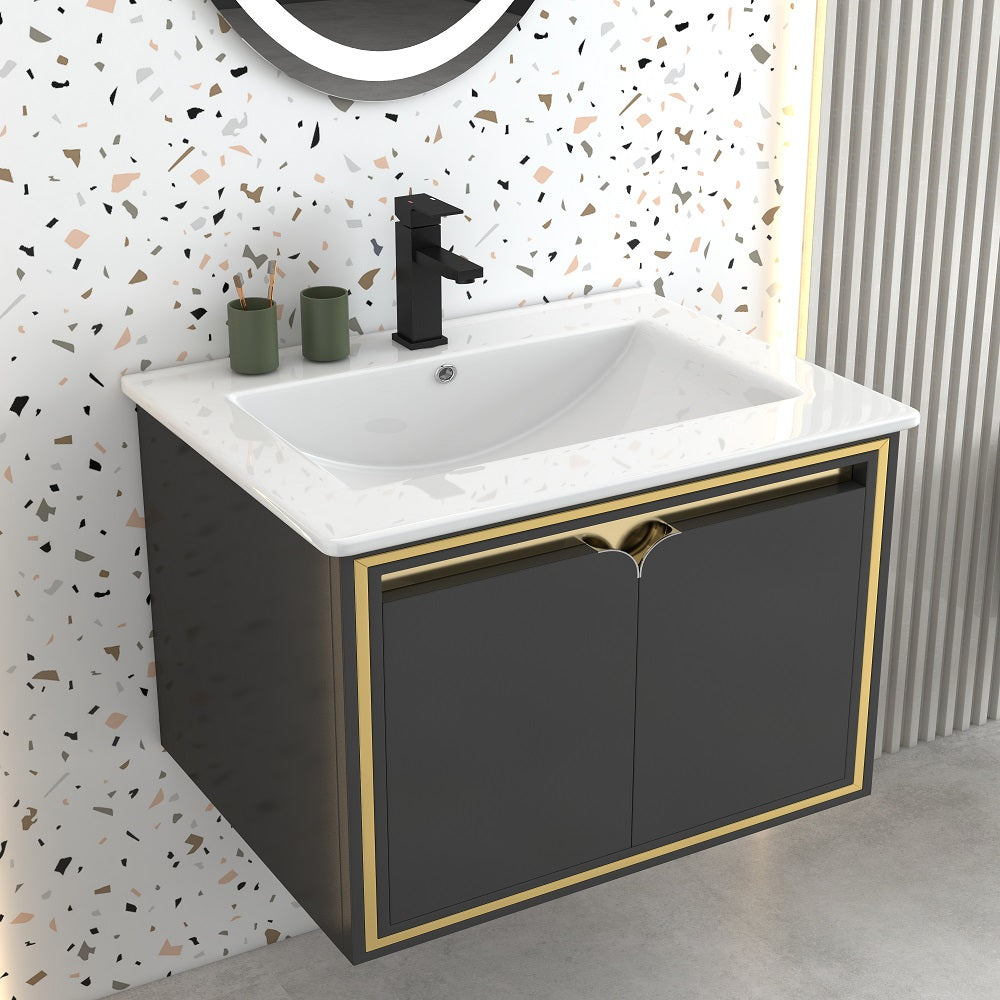 600mm Floating Bathroom Vanity Set Ceramics Single Basin with Drain in Black & Gold