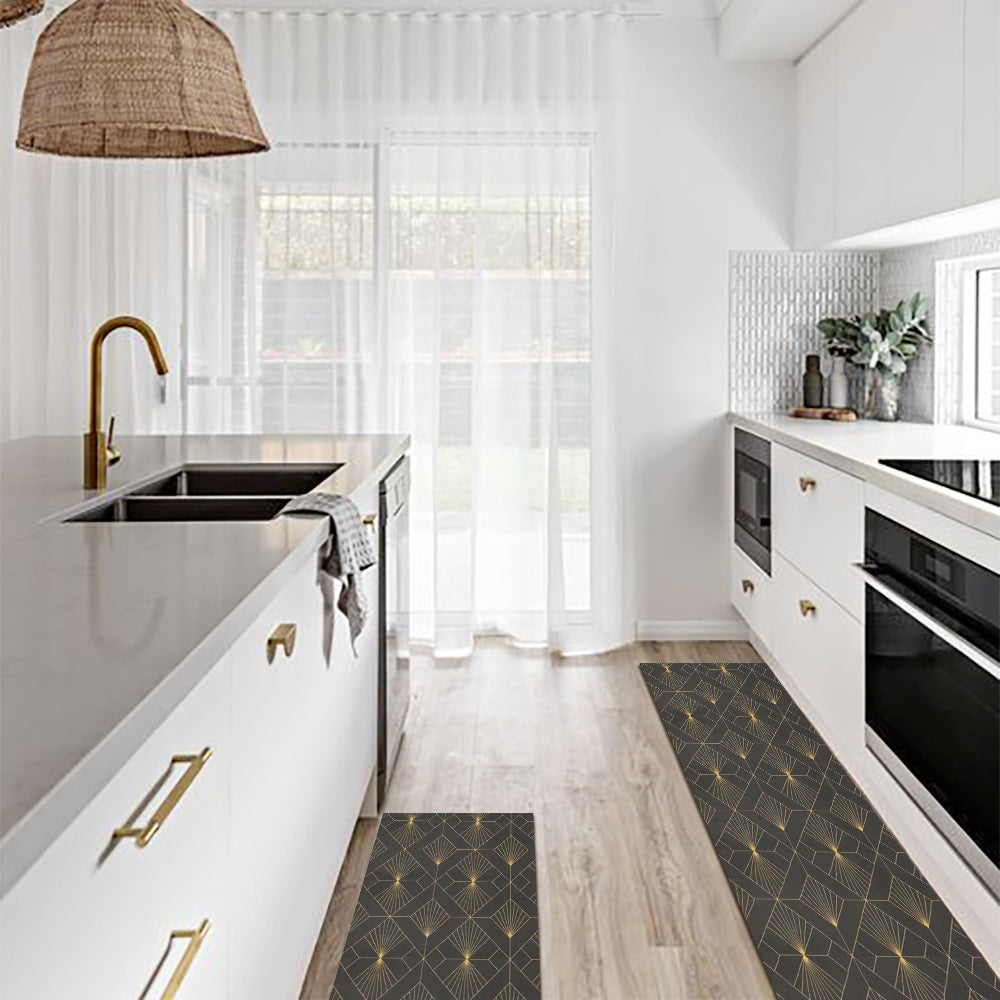 2 Pieces Gold Kitchen Runner Mats Non-slip Geometric Kitchen Rug Set