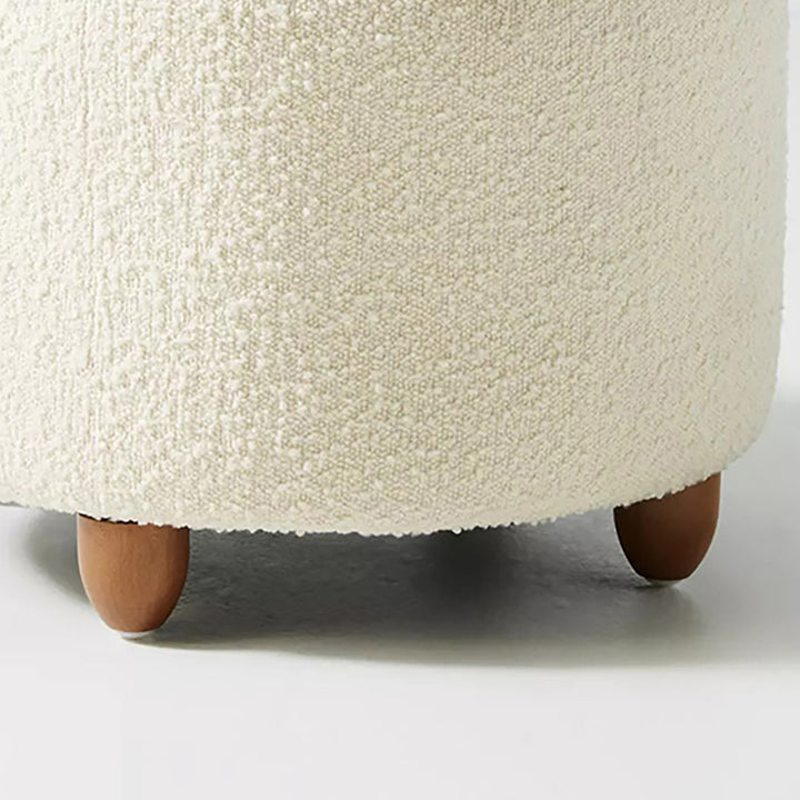 Modern White Boucle Vanity Stool with Lifted Top Storage Round Ottoman with Walnut Legs