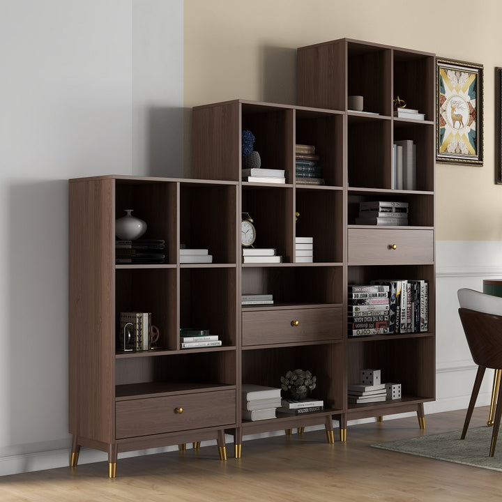 Modern Walnut Bookshelf Bookcase with Metal Frame and Drawer