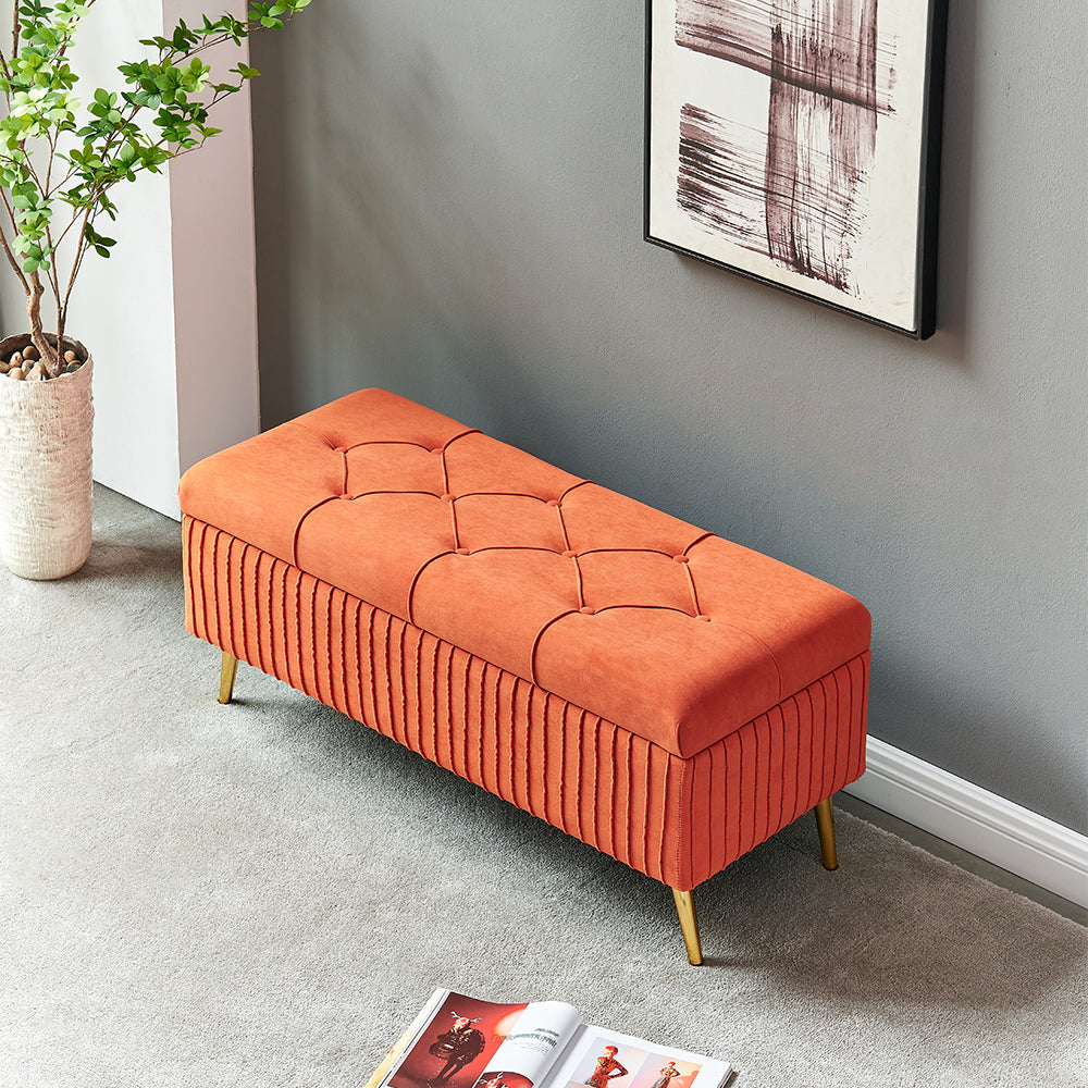 Modern Velvet Storage Bench Flip Top in Orange