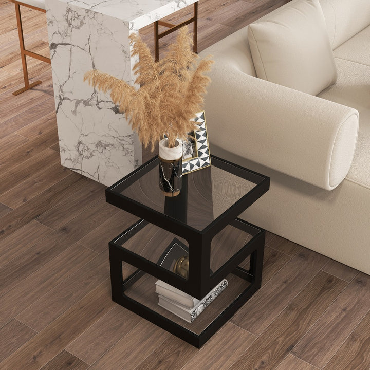 Modern Glass Side Table with 3 Tiers S-shaped End Table in Black