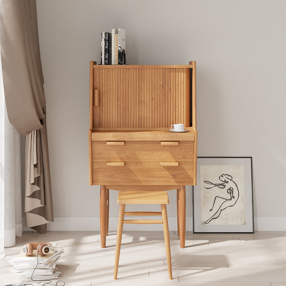 700mm Mid-Century Modern Natural & Walnut Secretary Desk with Hutch Desk with 2 Drawers & 2 shelves & 1 Door Computer Desk with Ample Storage