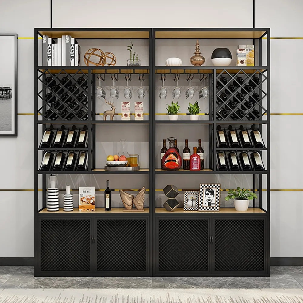 Industrial Tall Metal & Wood Wine Rack Floor Home Bar Cabinet with Glass Rack & Bottle Holder in Black