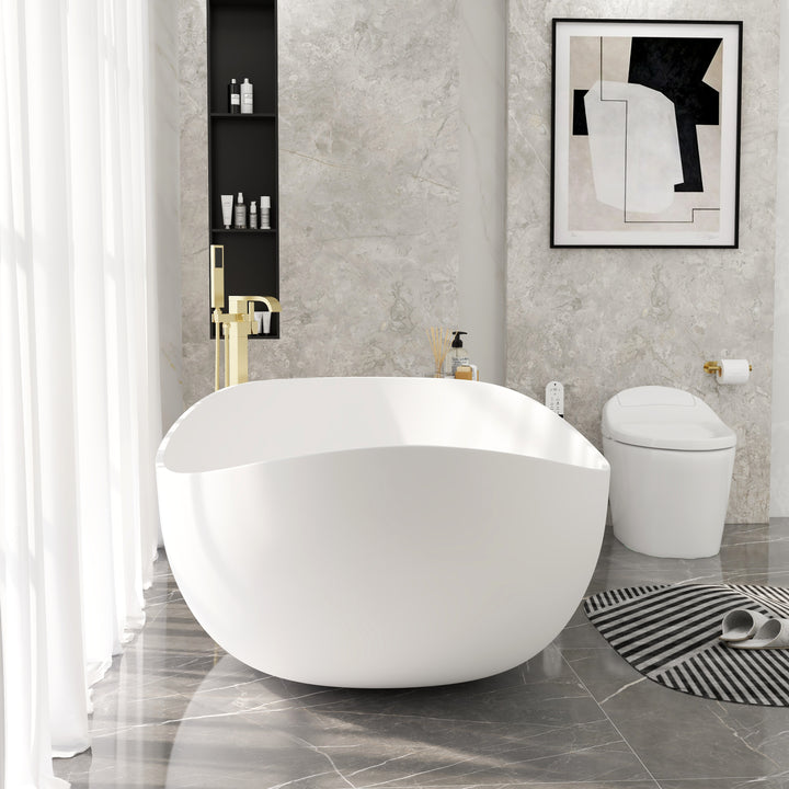 70" Contemporary Oval Freestanding Stone Resin Soaking Bathtub in Matte White