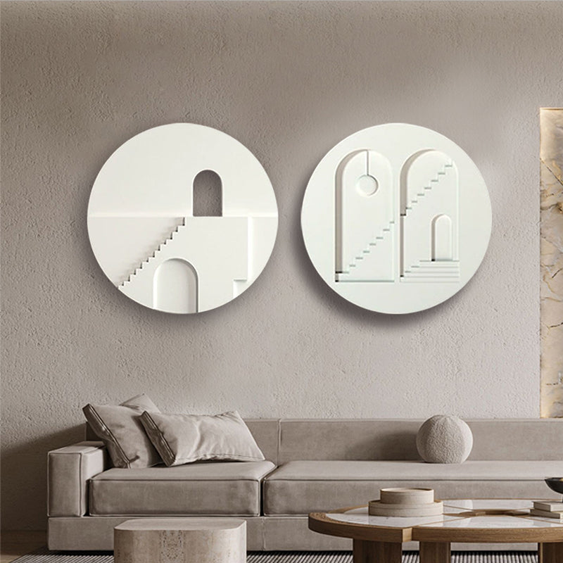 2PCS Minimalist White Round Frosted Abstract Geometric Wood Wall Decor Art Set