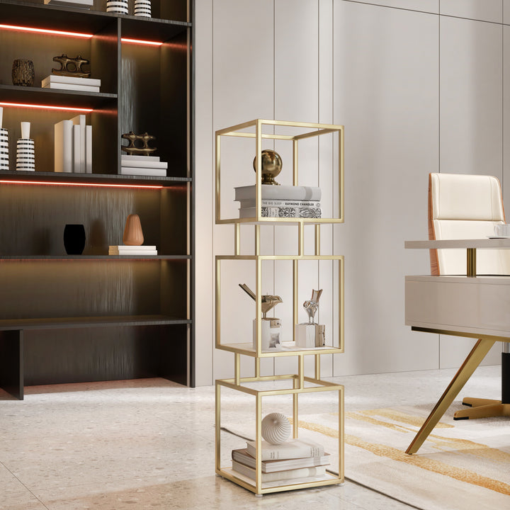 3-Tier Modern Gold Cube Bookcase with Metal Tower Display Shelf in Gold Frame