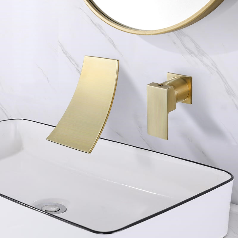 Shoop Modern Design Wall Mounted Brushed Gold Bathroom Basin Tap Single Lever Handle