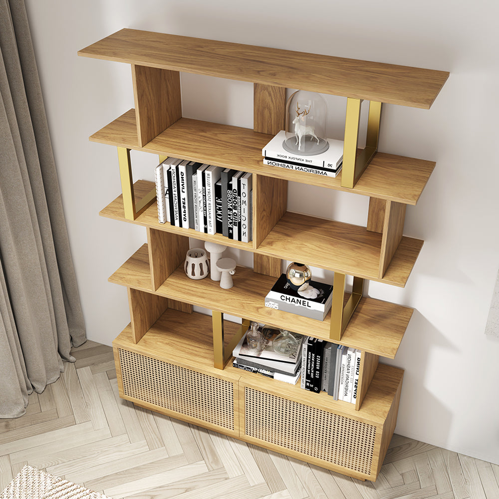 5-Tier Natural Wood Bookshelf with 2 Doors Modern Bookcase in Gold Finish