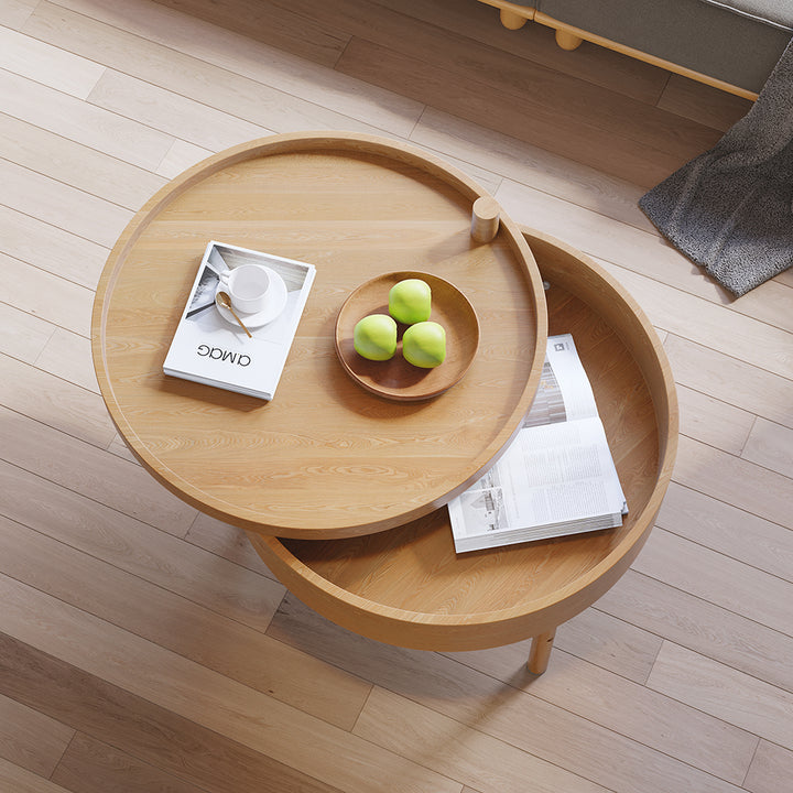 Modern Round Wood Rotating Tray Coffee Table with Storage & Metal Legs in Natural