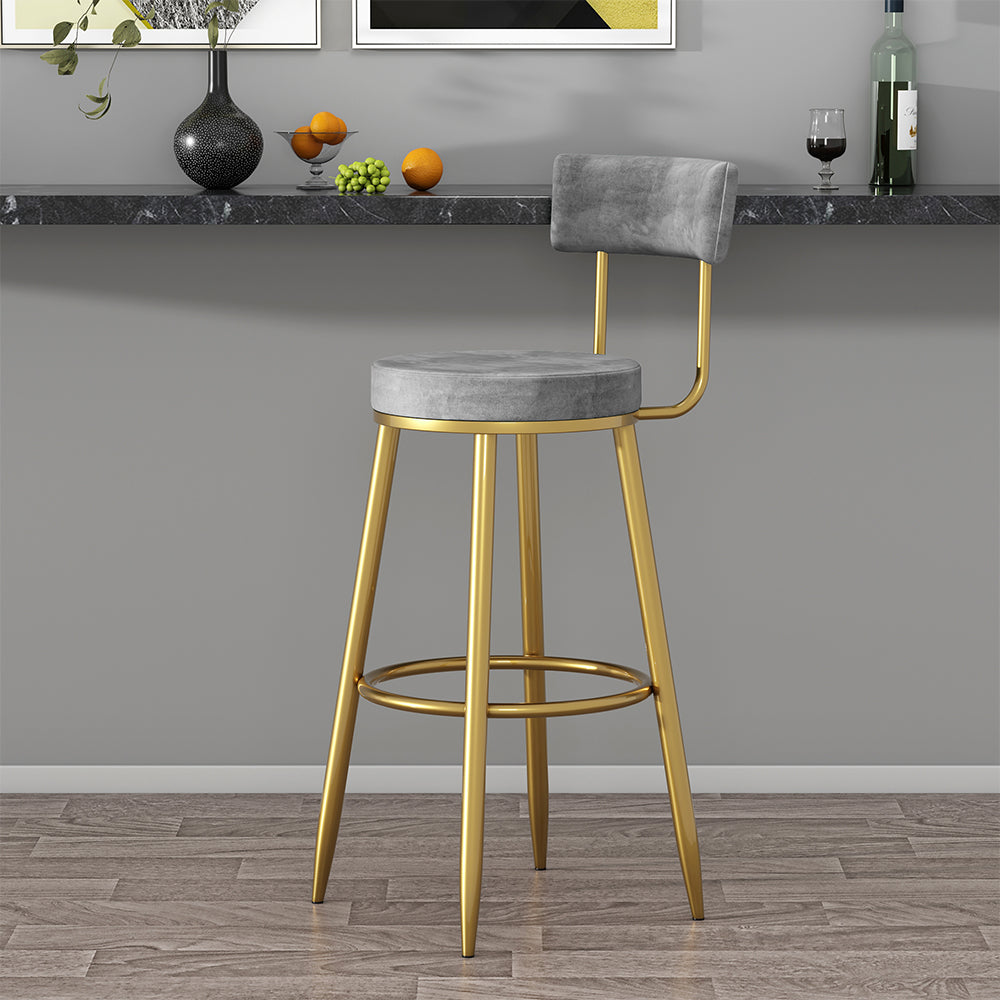 Modern Gray Velvet Breakfast Bar Stool Velvet Upholstery with Back Metal Bar Stool for Kitchen Island