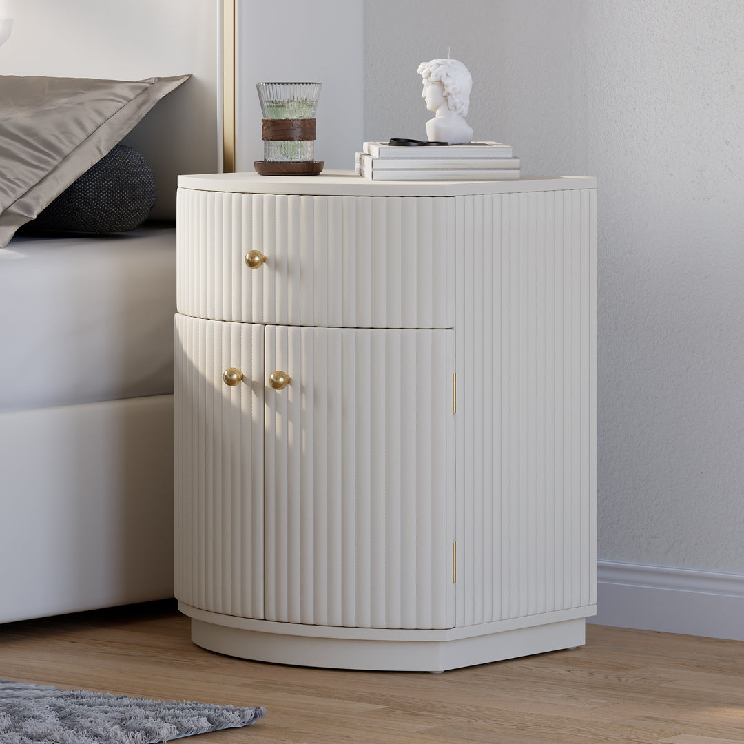 Modern Barrel White Fluted Nightstand in Faux Leather Bedside Table with Storage