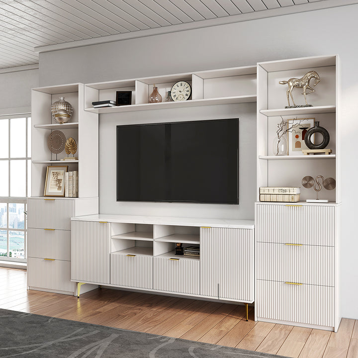 2900mm Fluted Wood Storage 4-Piece Entertainment Center with Bookshelf White TV Stand