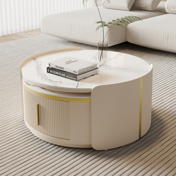 Round Modern Sintered Stone Top Nesting Coffee Table Fluted with Drawer in Off White & Gold