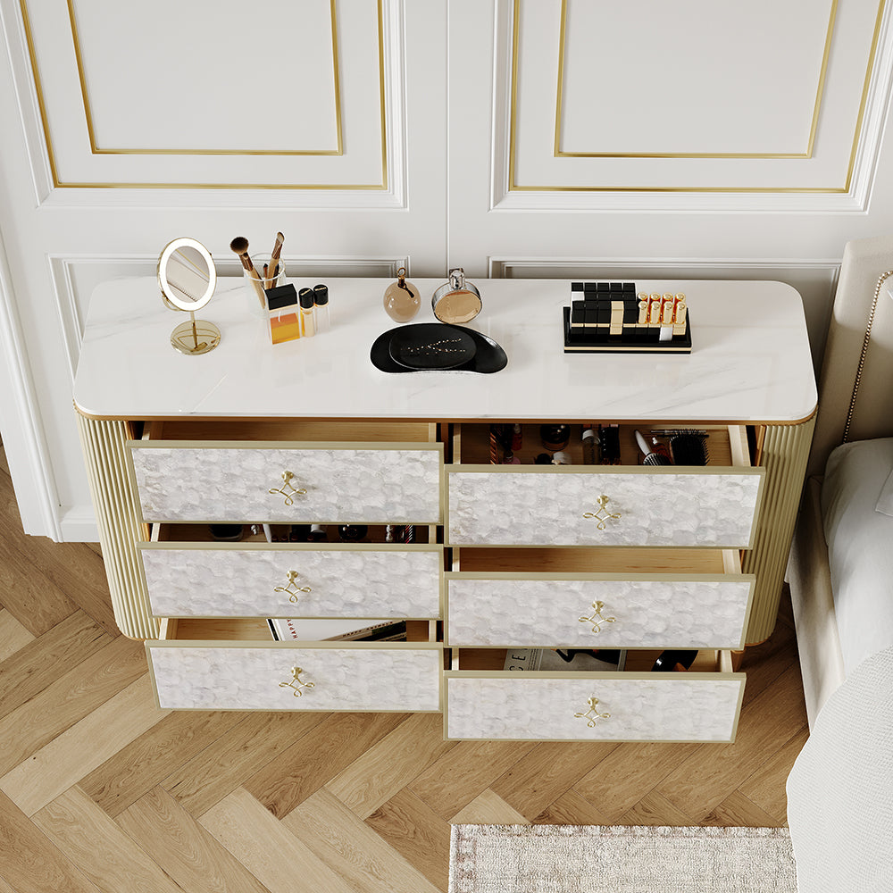 Art Deco 6 Drawer Dresser Capiz Shell Beige Chest Storag Cabinet with Sintered Stone Top